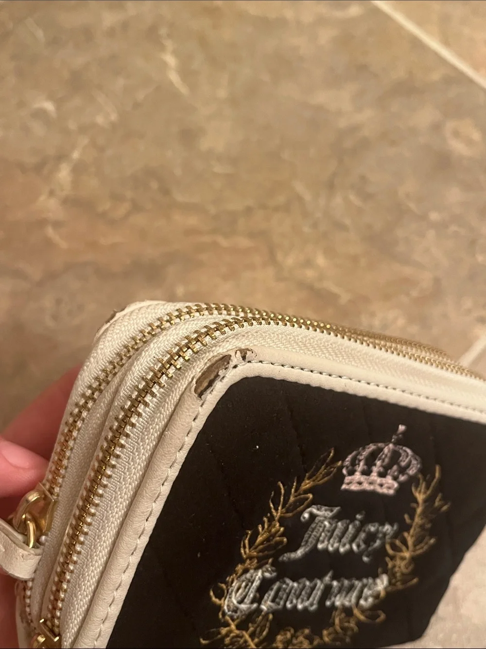 Juicy Couture Black Quilted Wallet with White Trim and Gold Crest